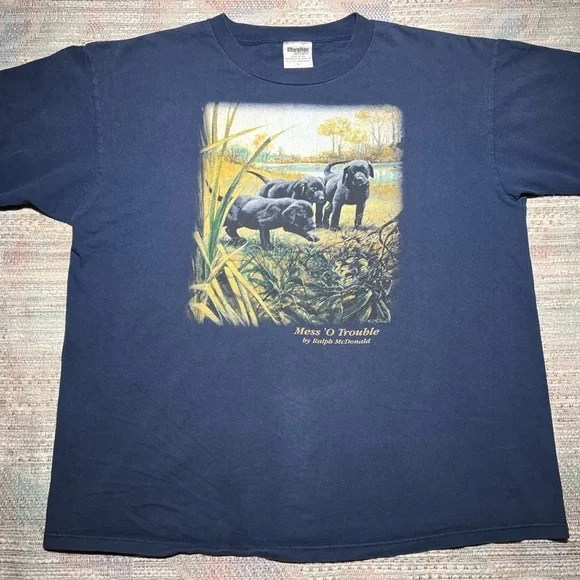 Mens vintage 90s y2k navy blue dogs puppies tee shirt screen print nature vtg - Picture 3 of 4